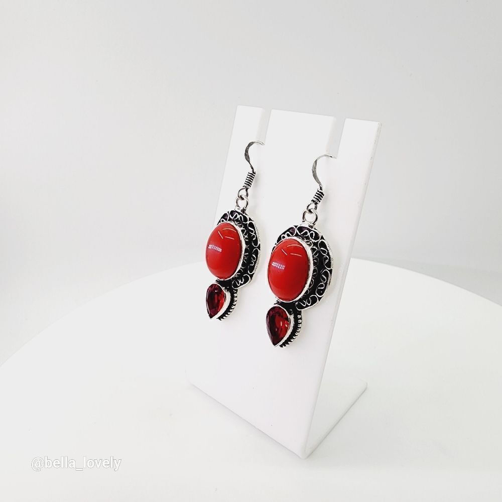 Coral Garnet Handmade Drop Dangle Earrings Jewelry 2"